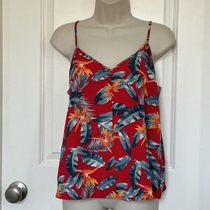 Pink Rose Red Floral Tank Top Birds of Paradise Adjustable Straps V Neck Size M